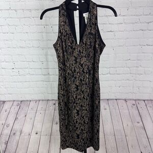 Cache Black and Gold Lace Cocktail V-Neck Dress Button Neck Size 2